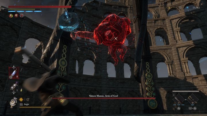 Od czasu do czasu może on wyskoczyć w szybkim tempie w powietrze i po chwili wylądować na Was, korzystając z ataku furii - Lies of P: Jak pokonać bossa Simon Manus, Ręka Boga / Simon Manus, Przebudzony Bóg? - Lies of P - poradnik do gry