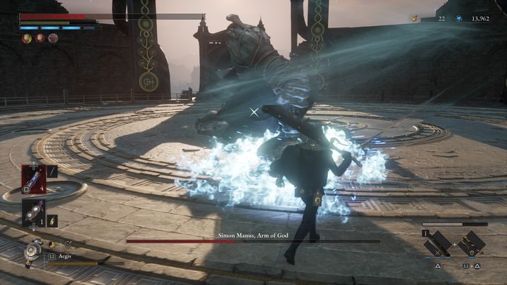 Simon Manus może również podnieść broń w górę, a następnie cisnąć nią w ziemię - Lies of P: Jak pokonać bossa Simon Manus, Ręka Boga / Simon Manus, Przebudzony Bóg? - Lies of P - poradnik do gry