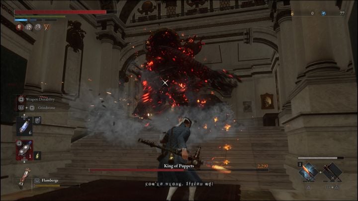 Gdy zdrowie bossa spadnie do około 60%, stanie on w miejscu, zasłoni oczy rękami i zacznie płakać - Lies of P: Jak pokonać bossa Król Marionetek / Romeo, Król Marionetek? - Lies of P - poradnik do gry