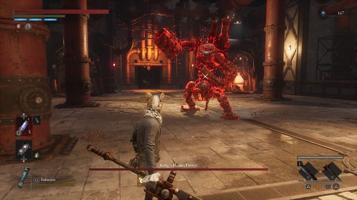 Gdy Płomień Króla, Fuoco zacznie przymierzać się do wykonania ataku furii, a jego kolor stanie się czerwony, po chwili wykona on długą szarżę w Waszym kierunku - Lies of P: Jak pokonać bossa Płomień Króla, Fuoco? - Lies of P - poradnik do gry