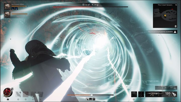 Jeśli zostaniecie zbyt długo w jednym miejscu, będziecie nieustannie atakowani przez laser, który zadaje duże obrażenia i może spowodować, że spadniecie ze wzniesienia wprost na mniejszych i słabszych przeciwników - Remnant 2: Jak pokonać Bloat King? - Remnant 2 - poradnik do gry