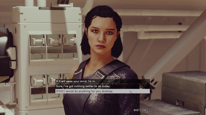 Jeśli często będziecie spędzali czas z Andreją i zyskiwali jej przychylność, to w pewnym momencie porozmawia z Wami o czymś ważnym - Starfield: Andreja - romans - Starfield - poradnik do gry