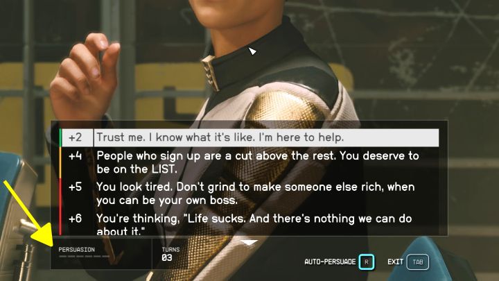 Mini-gra z próby perswazji polega na zebraniu wymaganej liczby punktów (6 punktów w przykładzie z obrazka) w ramach ograniczonej liczbie tur (maksymalnie 3 tury w naszym przykładzie) - Starfield: Jak wygrać mini-grę z próby perswazji? - Starfield - poradnik do gry