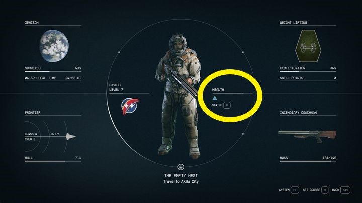 Otwierając menu danych, po prawej części centrum ekranu, przy aktualnym poziomie zdrowia widnieć będzie status postaci - Starfield: Jak usunąć negatywny stan? - Starfield - poradnik do gry