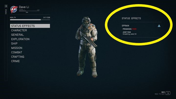 Wchodząc do menu statusu, po prawej stronie znajdziecie informację o urazie, jaki ma Wasza postać - Starfield: Jak usunąć negatywny stan? - Starfield - poradnik do gry