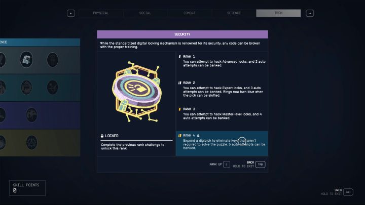 Inwestowanie punktów rozwoju w umiejętność Zabezpieczenia pozwala przede wszystkim rozbrajać zamki wyższych poziomów - Starfield: Mini-gra z otwierania zamków i hakowania komputerów - Starfield - poradnik do gry