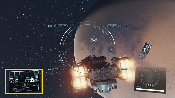 Podczas latania statkiem w kosmosie w Starfield w lewym dolnym rogu ekranu wyświetli się ekran z kilkoma parametrami - Starfield: Jak przekierować moc na statku? - Starfield - poradnik do gry
