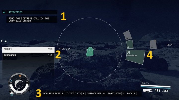 Eksplorując powierzchnię planet możecie włączyć skaner (klawisz F/przycisk LB na kontrolerze) - wtedy zobaczycie dodatkowe elementy interfejsu - Starfield: Interfejs - Starfield - poradnik do gry