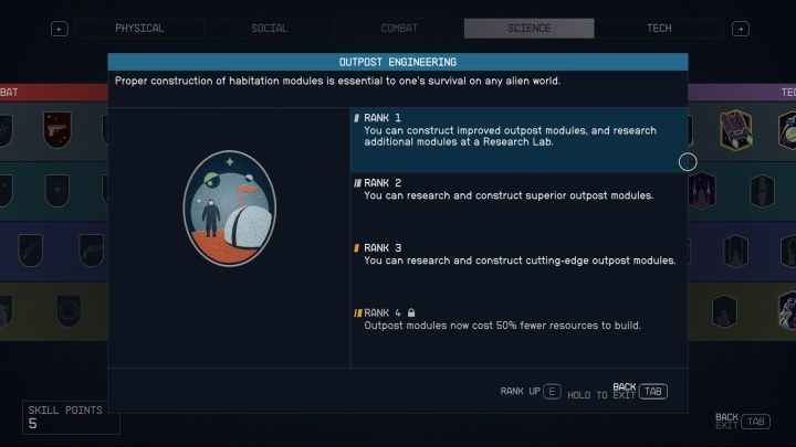 Zanim zaczniecie rozbudowywać swoją placówkę, odblokujcie kilka niezbędnych umiejętności - Starfield: Budowanie placówki - Starfield - poradnik do gry