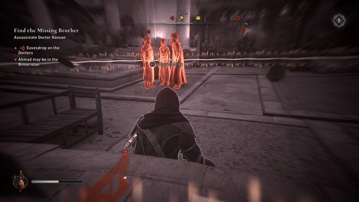 Gdy gra uzna, że Wasza kryjówka jest dostatecznie dobra, nad głowami ofiar pojawi się dymek z odpowiednim przyciskiem - AC Mirage: Jak podsłuchiwać? - AC Mirage - poradnik do gry