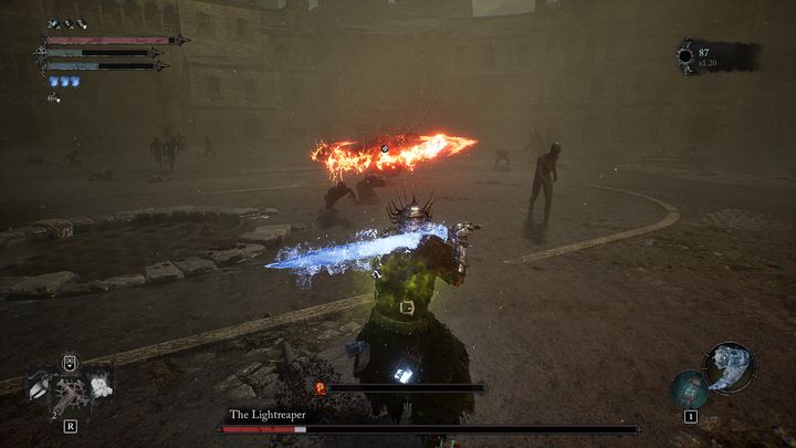 Gdy boss zacznie się obracać i wyskoczy w powietrze, to po chwili zaatakuje Was ognistymi mieczami - Lords of the Fallen: Jak pokonać bossa Żniwiarz Światła? - Lords of the Fallen - poradnik do gry