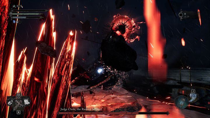 Boss może również wbić ognisty sztandar w ziemię, co sprawi, że przez kilka sekund w losowych miejscach na arenie zaczną powstawać ogniste kolce - Lords of the Fallen: Jak pokonać bossa Sędzia i Kapłanka, Strażniczka Blasku? - Lords of the Fallen - poradnik do gry