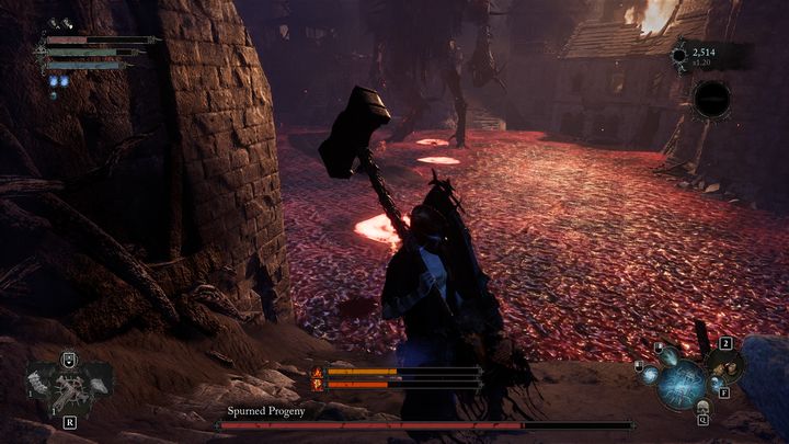 Po tym, jak zdrowie bossa spadnie do około 70%, zaleje on całą dolną arenę lawą - Lords of the Fallen: Jak pokonać bossa Wzgardzony potomek? - Lords of the Fallen - poradnik do gry