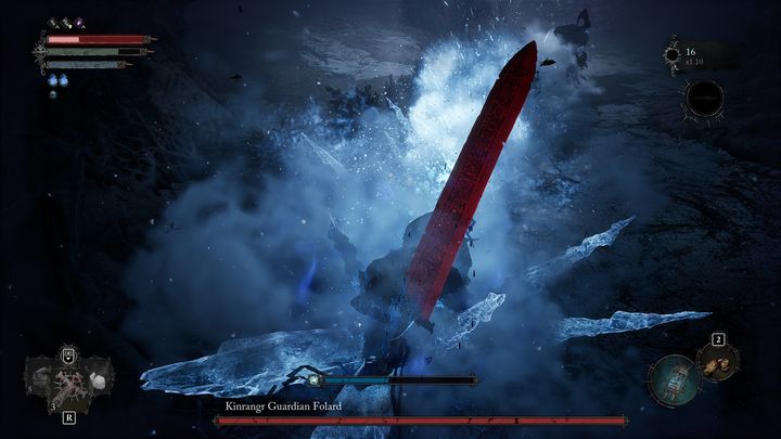 Może też machnąć swoją bronią z daleka i stworzyć falę, która po zderzeniu z graczem nakłada status odmrożenia - Lords of the Fallen: Jak pokonać bossa Folard, strażnik Kinrangru? - Lords of the Fallen - poradnik do gry