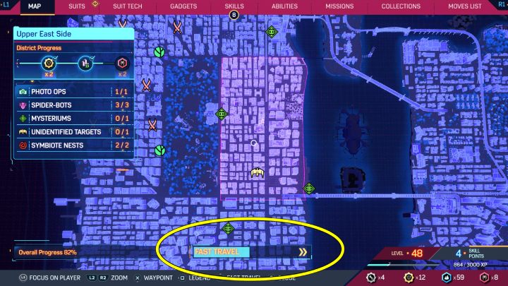 Gdy już odblokujecie szybką podróż w dzielnicy, otwórzcie mapę, najedźcie kursorem w miejsce docelowe i przytrzymajcie trójkąt - Spider Man 2: Jak odblokować szybką podróż? - Spider Man 2 - poradnik do gry