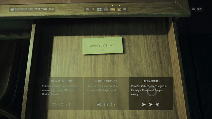 W sekcji poświęconej latarce Alana zwracamy Waszą uwagę na Szczęśliwy traf - Alan Wake 2: Najlepsze ulepszenia Słów mocy - Alan Wake 2 - poradnik do gry