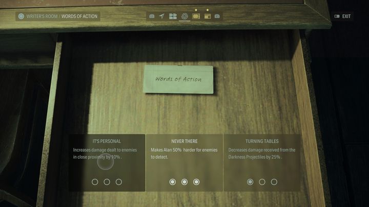 Słowa działania to kolejna kategoria, w której preferowany przez Was styl rozgrywki będzie miał decydujące znaczenie przy wyborze ulepszeń - Alan Wake 2: Najlepsze ulepszenia Słów mocy - Alan Wake 2 - poradnik do gry