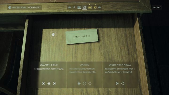 W kategorii Słów naprawy Waszą uwagę zwracamy szczególnie na perk Ośrodek odnowy zwiększający maksymalne zdrowie Alana - Alan Wake 2: Najlepsze ulepszenia Słów mocy - Alan Wake 2 - poradnik do gry