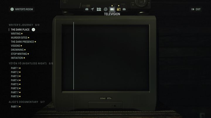 Telewizor oraz Radio - zakładki te pełnią podobną funkcję i pozwalają na przeglądniecie zebranych wcześniej znajdziek oraz elementów ekspozycji fabularnej - Alan Wake 2: Pokój pisarza - Alan Wake 2 - poradnik do gry