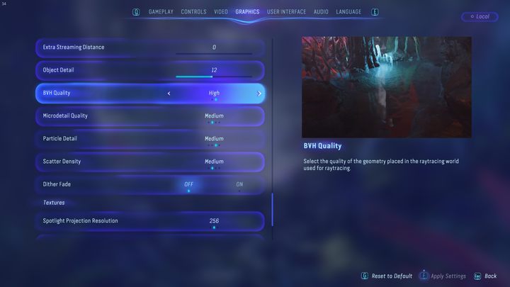 Jakość BVH - opcja ta określa szczegółowość brył obserwowanych jako odbicia - Avatar Frontiers of Pandora: Czy jest Ray tracing? - Avatar Frontiers of Pandora - poradnik do gry