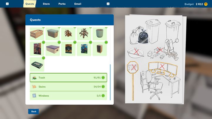 Można łatwo zobaczyć, co gracze muszą zrobić, aby zdobyć 3 gwiazdki, wchodząc w zakładkę zadania, za pomocą przycisku Tab - House Flipper 2: Jak zdobyć 3 gwiazdki za zlecenie? - House Flipper 2 - poradnik do gry