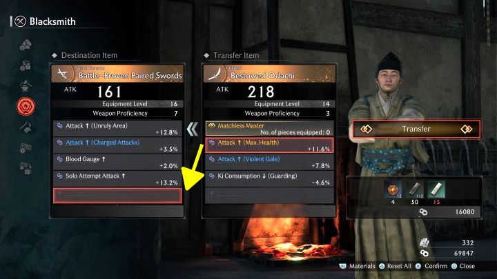 Na ekranie pojawią się 2 sloty na elementy ekwipunku - Rise of the Ronin: Jak wykonać Przeniesienie więzi (trofeum Transfer of Power)? - Rise of the Ronin - poradnik do gry