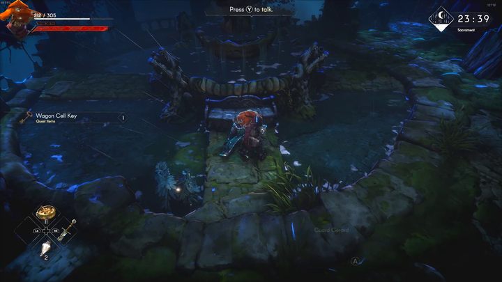 Na miejscu spotkacie pijanego strażnika, któremu po rozmowie będziecie mogli wykraść klucze do klatki - No Rest for the Wicked: Gdzie jest fontanna? - No Rest for the Wicked - poradnik do gry