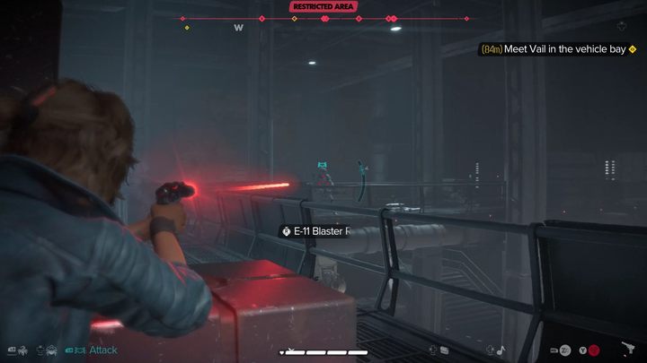 Po wyjściu z windy walczcie z wrogami w następnym pokoju po czym podnieście karabin leżący na skrzyni przy ścianie i idźcie dalej, wchodząc na kładkę - Star Wars Outlaws: Przysługa dla Jabby - solucja, opis przejścia - Star Wars Outlaws - poradnik do gry