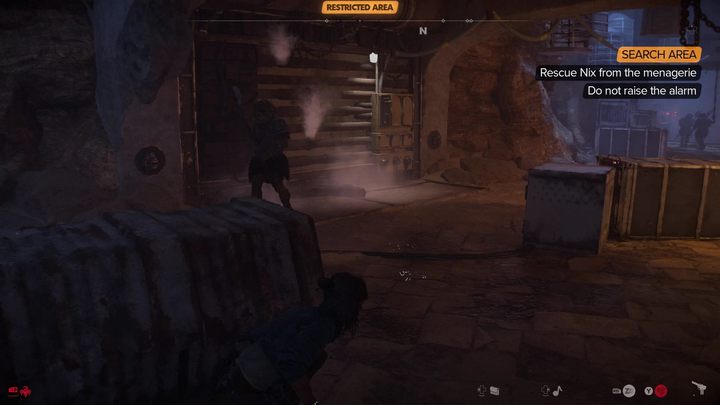 Po lewej stronie korytarza znajduje się kolejna dźwignia, obok której przechadza się strażnik - Star Wars Outlaws: Partnerzy - solucja, opis przejścia - Star Wars Outlaws - poradnik do gry