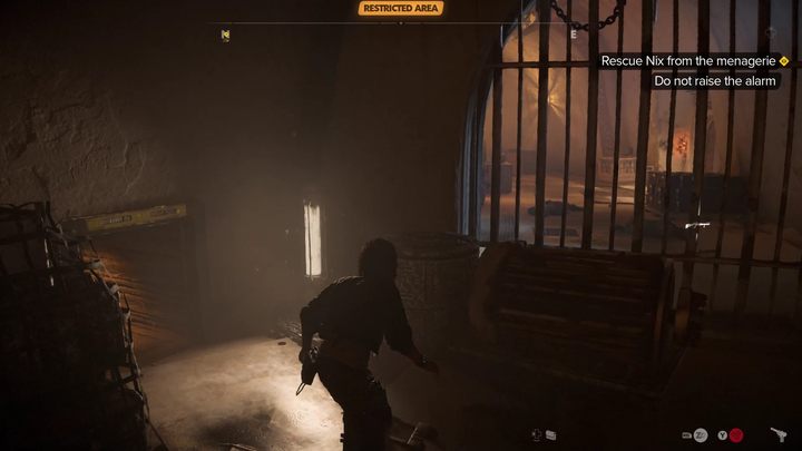 Bądźcie ostrożni, ponieważ pozostali wrogowie mogą dostrzeć was przez kraty w środku korytarza i z sąsiedniego pokoju - Star Wars Outlaws: Partnerzy - solucja, opis przejścia - Star Wars Outlaws - poradnik do gry