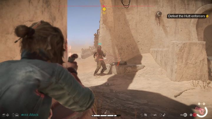 Po przerywniku filmowym będziecie musieli pozbyć się dwóch oprychów pracujących dla Kartelu Huttów - Star Wars Outlaws: Strzelec - solucja, opis przejścia - Star Wars Outlaws - poradnik do gry