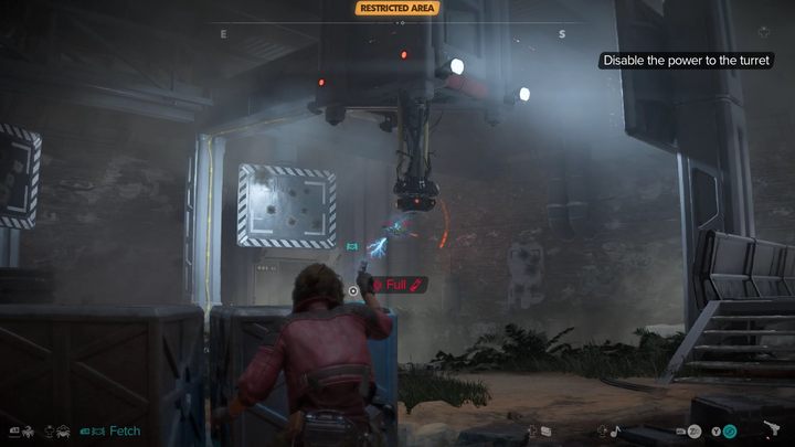 Traficie do pomieszczenia z aktywną wieżyczką ochronną, którą musicie wyłączyć - nie ma tu żadnych innych wrogów, więc nie musicie się skradać - Star Wars Outlaws: Inżynier droidów - solucja, opis przejścia - Star Wars Outlaws - poradnik do gry