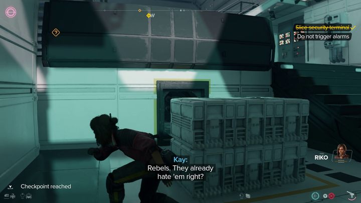 Złamcie zabezpieczenia terminala znajdującego się obok, zbierzcie potrzebne Wam dane, a następnie szybko wskoczcie do wentylacji po lewej stronie - Star Wars Outlaws: Prawda - solucja, opis przejścia - Star Wars Outlaws - poradnik do gry