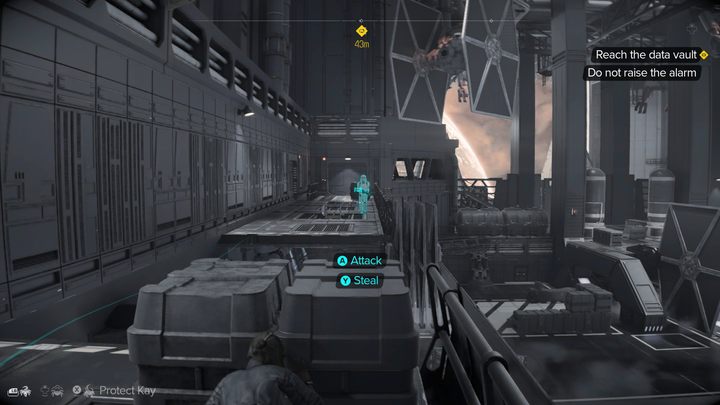 Na tej trasie spotkacie tylko dwóch strażników (droida i szturmowca), a sekcje platformowe są dość łatwe do pokonania - Star Wars Outlaws: Fałszywa Flaga - solucja, opis przejścia - Star Wars Outlaws - poradnik do gry