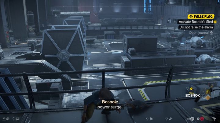 By pomóc Bosnokowi w ucieczce, aktywujcie stojący po środku hangaru wózek - Star Wars Outlaws: Fałszywa Flaga - solucja, opis przejścia - Star Wars Outlaws - poradnik do gry