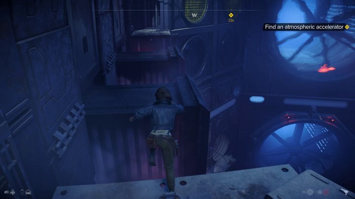Podczas skakania po wystających ze ściany elementach postarajcie się wczuć odpowiedni moment, by nie zostać zaskoczonym przez chowający się lub wysuwający element - Star Wars Outlaws: Mechanik - solucja, opis przejścia - Star Wars Outlaws - poradnik do gry