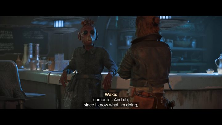 Po ulepszeniu ścigacza podczas zadania Mechanik, udajcie się do knajpy, w której przesiaduje Waka - Star Wars Outlaws: Wrak - solucja, opis przejścia - Star Wars Outlaws - poradnik do gry