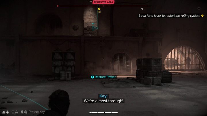 Po drugim uderzeniu szyny się wyłączą - musicie wysłać Nixa by pociągnął za dźwignię, która zresetuje system - Star Wars Outlaws: Jak pokonać rancora? - Star Wars Outlaws - poradnik do gry