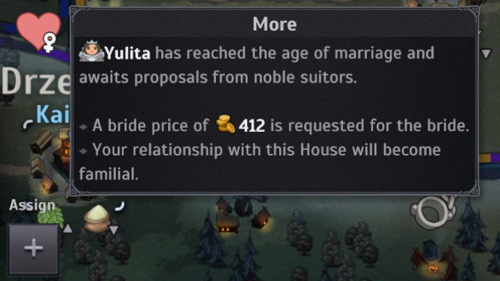 Symbol serca nad siedzibą rodową na mapie świata symbolizuje obecność potencjalnej żony - Norland: Jak rozwijać ród? - Norland - poradnik do gry