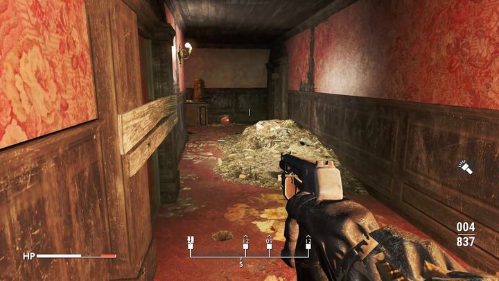 Wejdźcie po schodach do oklejonego czerwoną tapetą korytarza - Fallout London: Gdzie znaleźć klucze w Bank of England? - Fallout London - poradnik do gry