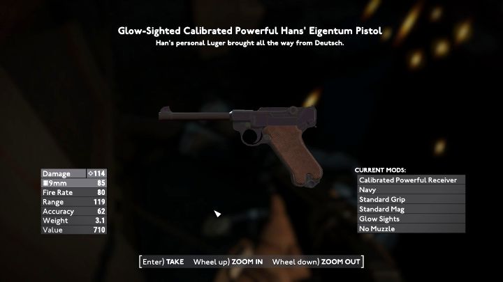Dodatkowa informacja - Hans ma przy sobie świetny pistolet Glow-Sighted Calibrated Powerful Hans Eigentum Pistol, który zadaje aż 114 punktów obrażeń i ma zainstalowane modyfikacje - Fallout London: Jak wydostać się z łodzi podwodnej U-96? - Fallout London - poradnik do gry