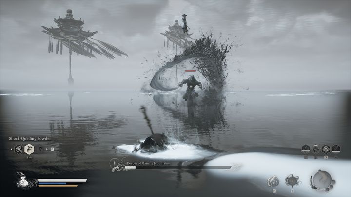 Gdy zdrowie Strażnika Płonących Gór spadnie do bardzo niskiego poziomu, przyzwie on atramentowego, czarnego konia, który atakuje za pomocą bicza - Black Myth Wukong: Jak pokonać bossa Strażnik Płonących Gór i Ryba Yin-Yang (Keeper of Flaming Mountains and Yin-Yang Fish)? - Black Myth Wukong - poradnik do gry