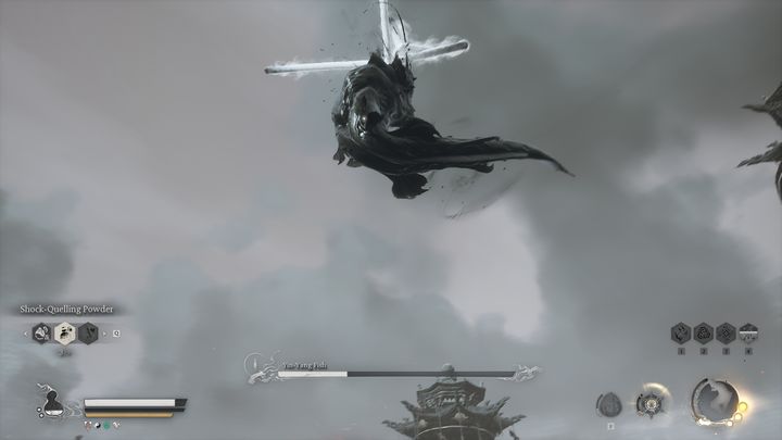 Najgroźniejszy atak, jaki ten przeciwnik może wykonać, to wzbicie się w powietrze i wystrzelenie dużej ilości czarnych kul - Black Myth Wukong: Jak pokonać bossa Strażnik Płonących Gór i Ryba Yin-Yang (Keeper of Flaming Mountains and Yin-Yang Fish)? - Black Myth Wukong - poradnik do gry
