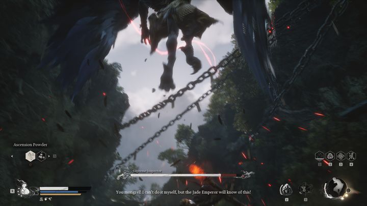 Niebiański Nadzorca często będzie albo w powietrzu, albo na kole, przez co atakowanie go może sprawiać problemy - Black Myth Wukong: Jak pokonać bossa Niebiański Nadzorca (Supreme Inspector)? - Black Myth Wukong - poradnik do gry