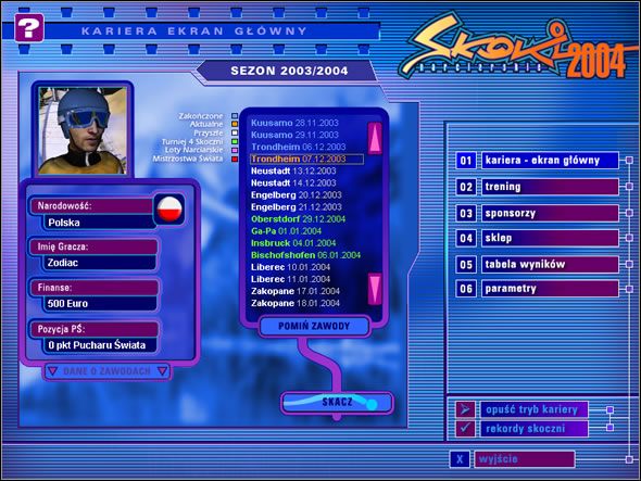 Jasny i prosty w obsłudze system zarządzania skokami nie powinien sprawić nikomu trudności - Skoki | Kariera | Skoki narciarskie 2004 - Skoki narciarskie 2004 - poradnik do gry