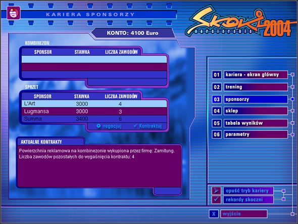 Wybierając sponsora, należy dokładnie przejrzeć dostępne oferty - Sponsorzy | Kariera | Skoki narciarskie 2004 - Skoki narciarskie 2004 - poradnik do gry