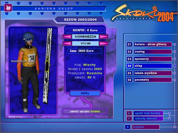 Niestety sprzęt skoczka nie należy do najtańszych - Sklep | Kariera | Skoki narciarskie 2004 - Skoki narciarskie 2004 - poradnik do gry