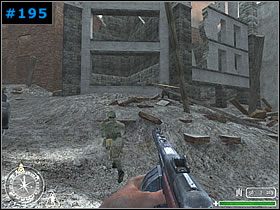 Wróciwszy na pozycje z lewej strony ulicy, wychyl się zza rogu na zakręcie i rozwal strzelców przy czołgu [#196] , po czym podbiegnij do niego z boku - [Alianci Misja 3] The Fall of Berlin - Call of Duty - poradnik do gry