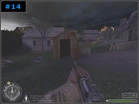 Trzymając się prawej strony, dotarłem bezpiecznie pod ów budynek [#15] , z karabinem maszynowym ustawionym w wyrwie w ścianie oraz wejściem nieco dalej - [Amerykanie Misja 2] Burning Village - Call of Duty - poradnik do gry