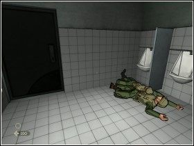 Ukryj go w najbliższej łazience (od automatu na lewo) i sam w niej zaczekaj, aż grube ryby skończą rozmowę i sobie pójdą - [Solucja] Tajna baza wojskowa cz.3 | XIII - XIII - poradnik do gry